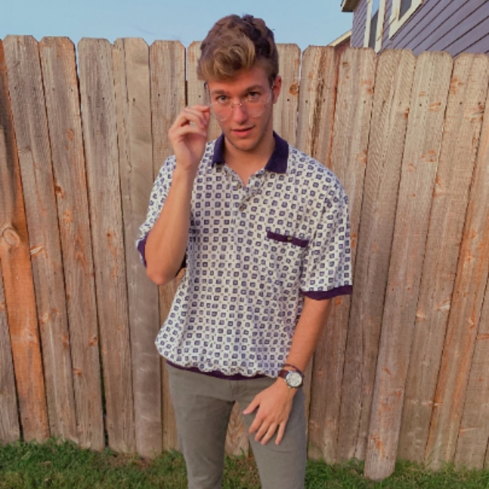 White Polo with Navy Square Print